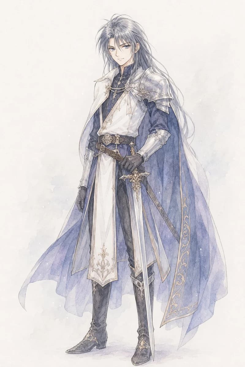 Watercolor fantasy knight redesign based on a character sketch, with expressive paint texture and refined armor details