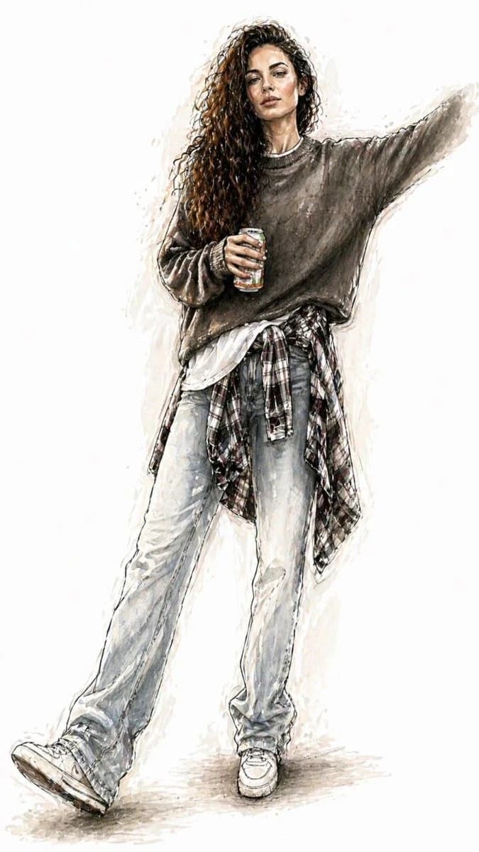A full-body watercolor fashion illustration depicts a woman in a relaxed outfit, featuring a cozy sweater, plaid shirt, and jeans, set against a light background