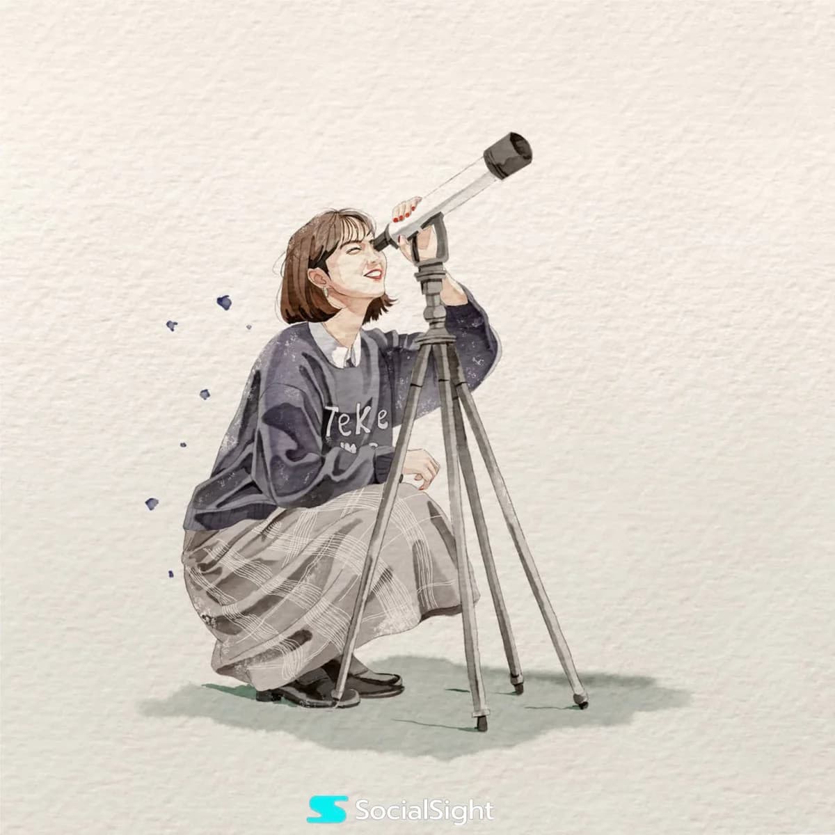 A cheerful young woman with a short brown bob crouches beside a telescope, gazing at the sky in a minimalist watercolor illustration.