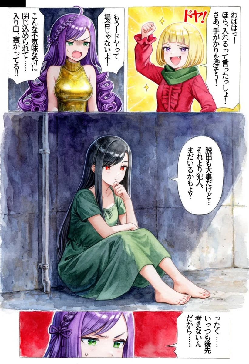 Watercolor manga locked-room page with three anime girls, vertical comic panels, and gloomy hand-painted atmosphere.
