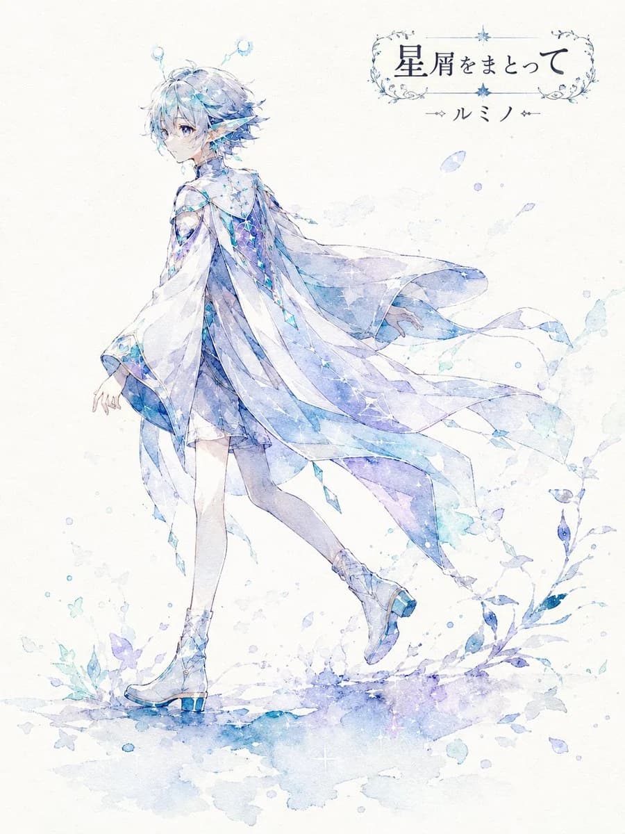 Soft watercolor character silhouette on off-white paper with delicate bleeding color and wide negative space