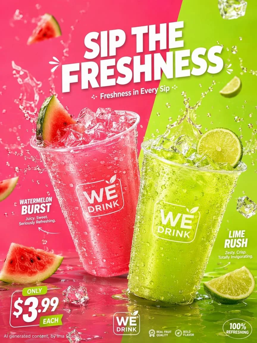Two vibrant beverages, a watermelon pink drink and a lime green drink, are prominently displayed against a split-color background, showcasing refreshing summer aesthetics