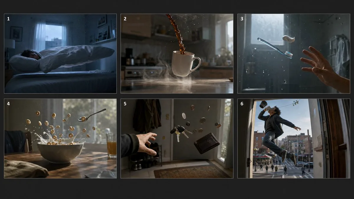 Six-panel cinematic storyboard showing a morning where a bed, coffee, toothbrush, cereal, keys and a person float without gravity