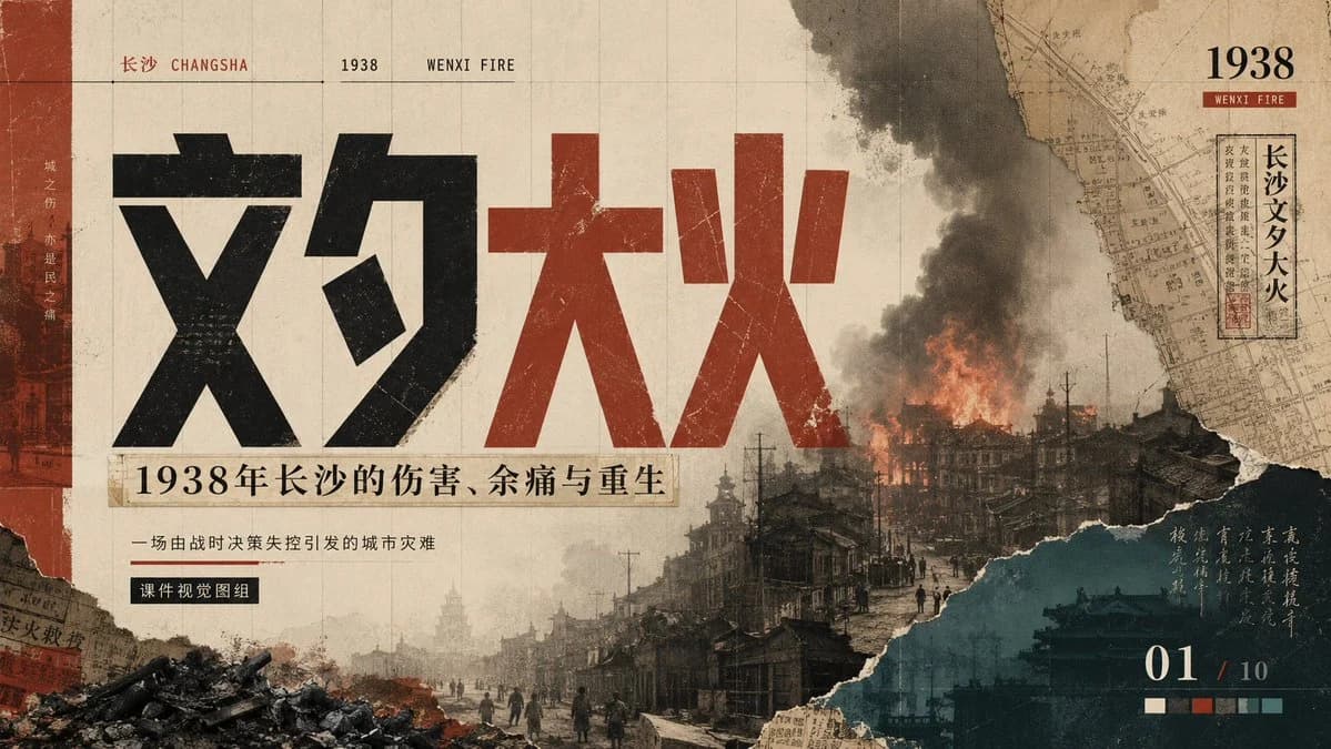 Wenxi Fire Historical PPT Cover with structured labels, readable hierarchy and presentation-ready information design