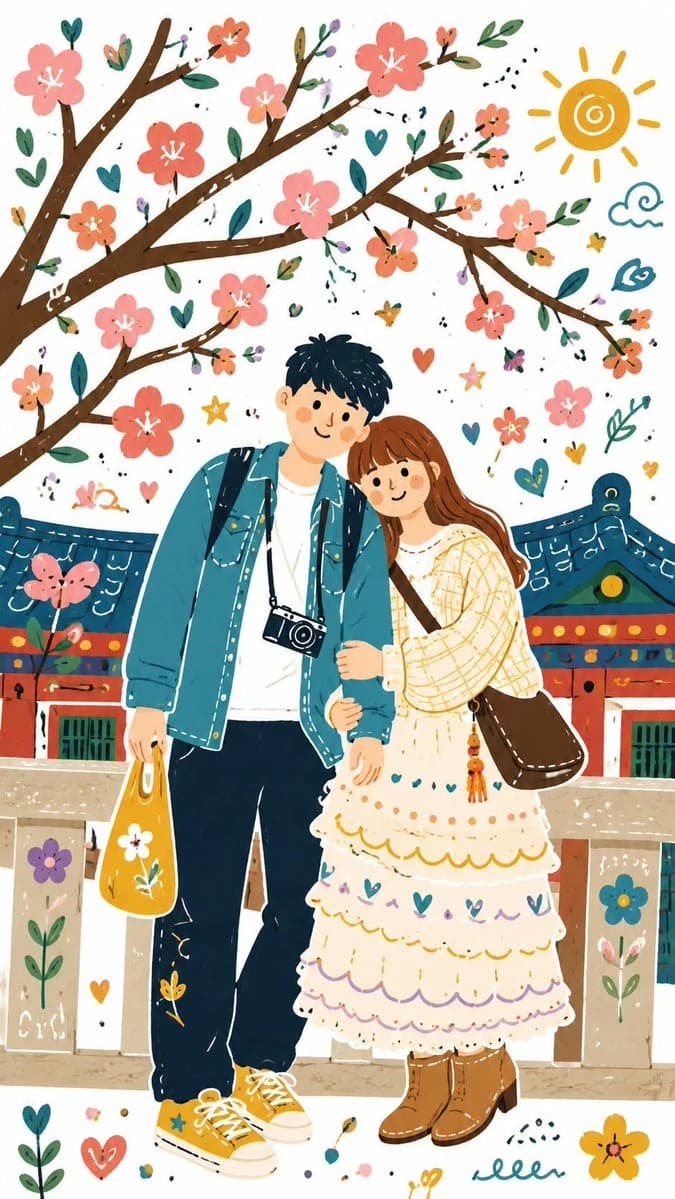 A couple stands together in a whimsical, flat-style illustration, surrounded by blooming flowers and a sunny backdrop