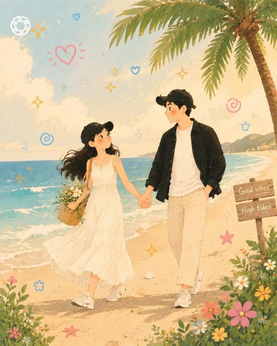 Dreamy pastel hand-drawn romantic couple illustration with soft storybook atmosphere