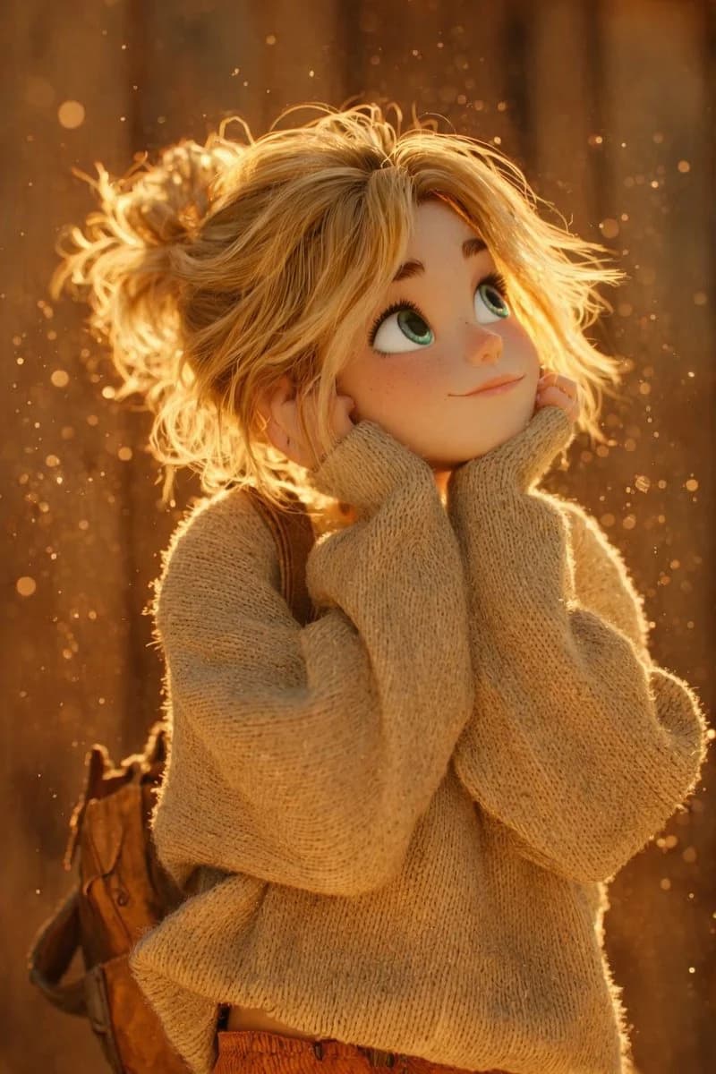 Whimsical 3D village render with warm golden-hour sunlight, dust particles, and cinematic atmosphere