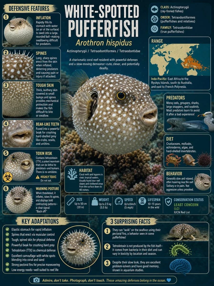 Scientific illustration plate of a white-spotted pufferfish with labeled details and clean natural-history layout