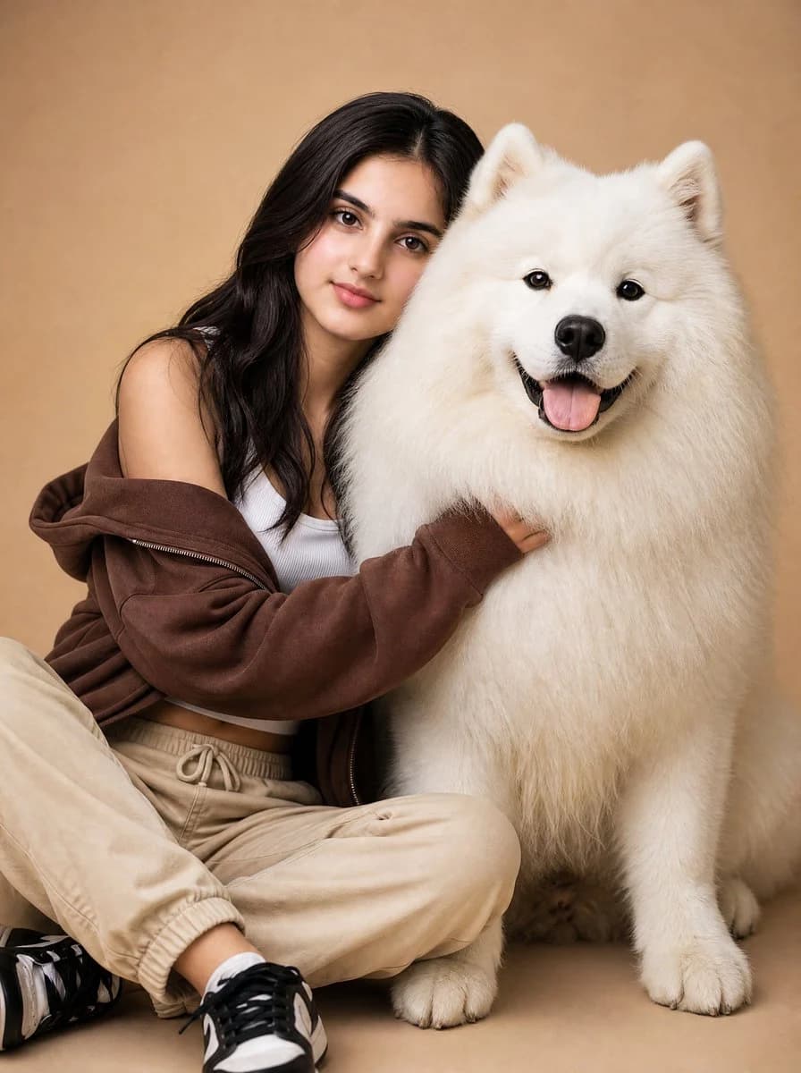 Wholesome Girl and Samoyed Friendship Portrait with expressive portrait styling, crisp facial detail and profile-ready composition