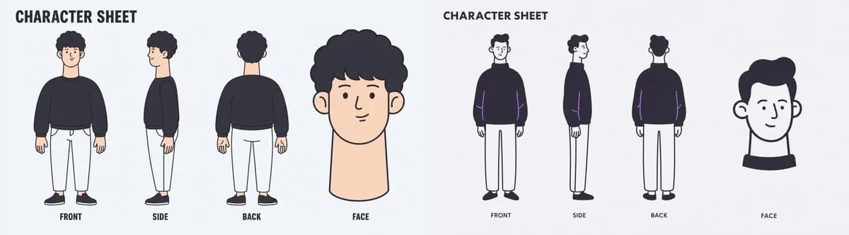 Wide Minimal Character Sheet with sequential panels, clear scene planning and cinematic visual flow