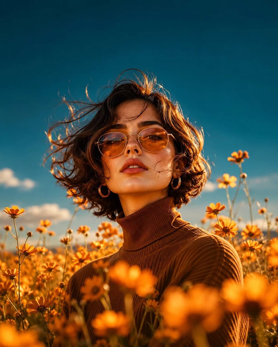 Golden-hour portrait in a wildflower field with soft backlight, natural fashion styling, and warm romantic color