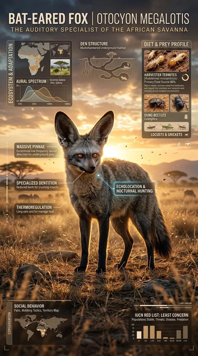 A bat-eared fox stands prominently in the African savanna, surrounded by detailed infographic elements illustrating its anatomy, diet, and conservation status
