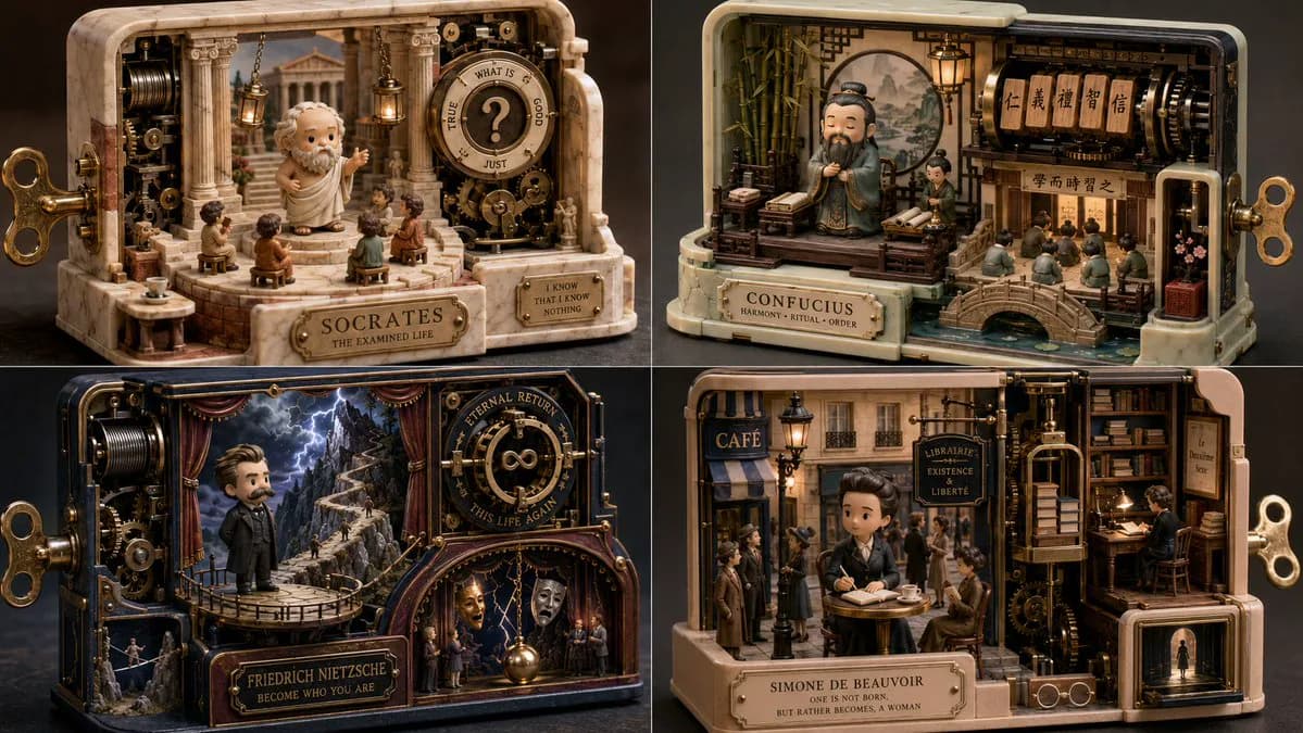 Mechanical wind-up miniature world with tiny buildings, moving scenery and visible key-driven mechanisms