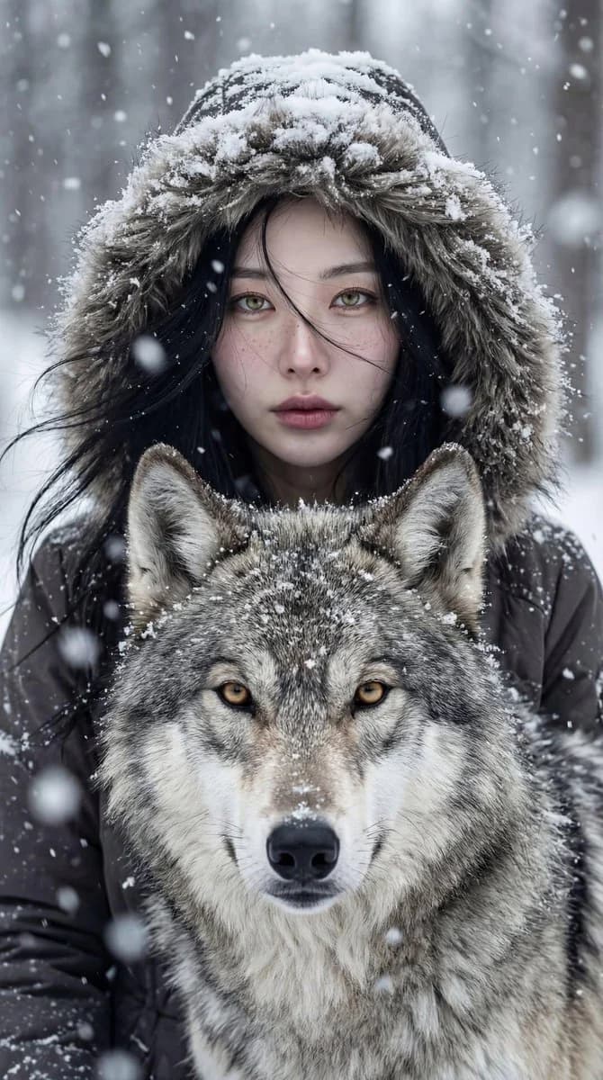 Winter cinematic portrait featuring a person beside a wolf in snowy atmosphere with cool blue lighting and dramatic depth