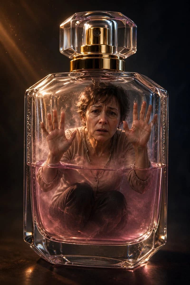 A distressed middle-aged woman is trapped inside a transparent crystal perfume bottle filled with pale pink liquid, her hands pressed against the glass