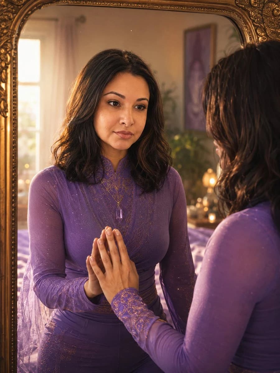 Woman Touching Mirror in Violet Dress portrait visual