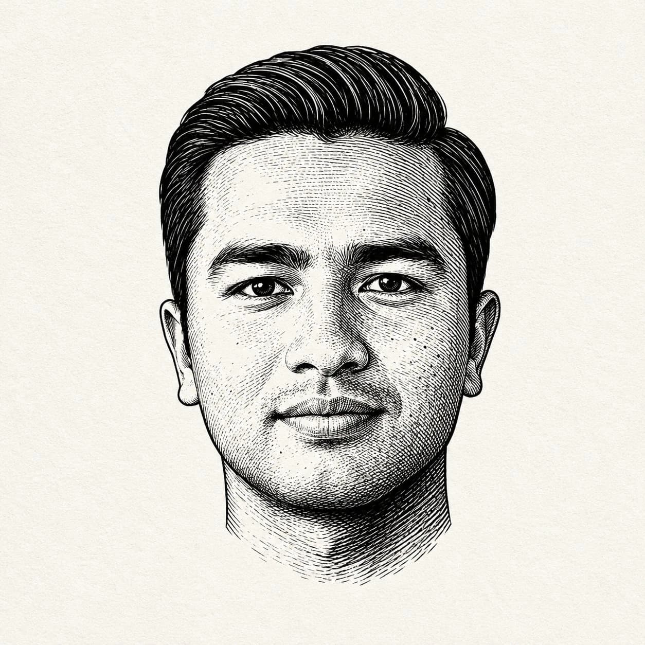 Engraved black and white portrait featuring a young man with detailed linework and strong contrasts on textured off-white paper