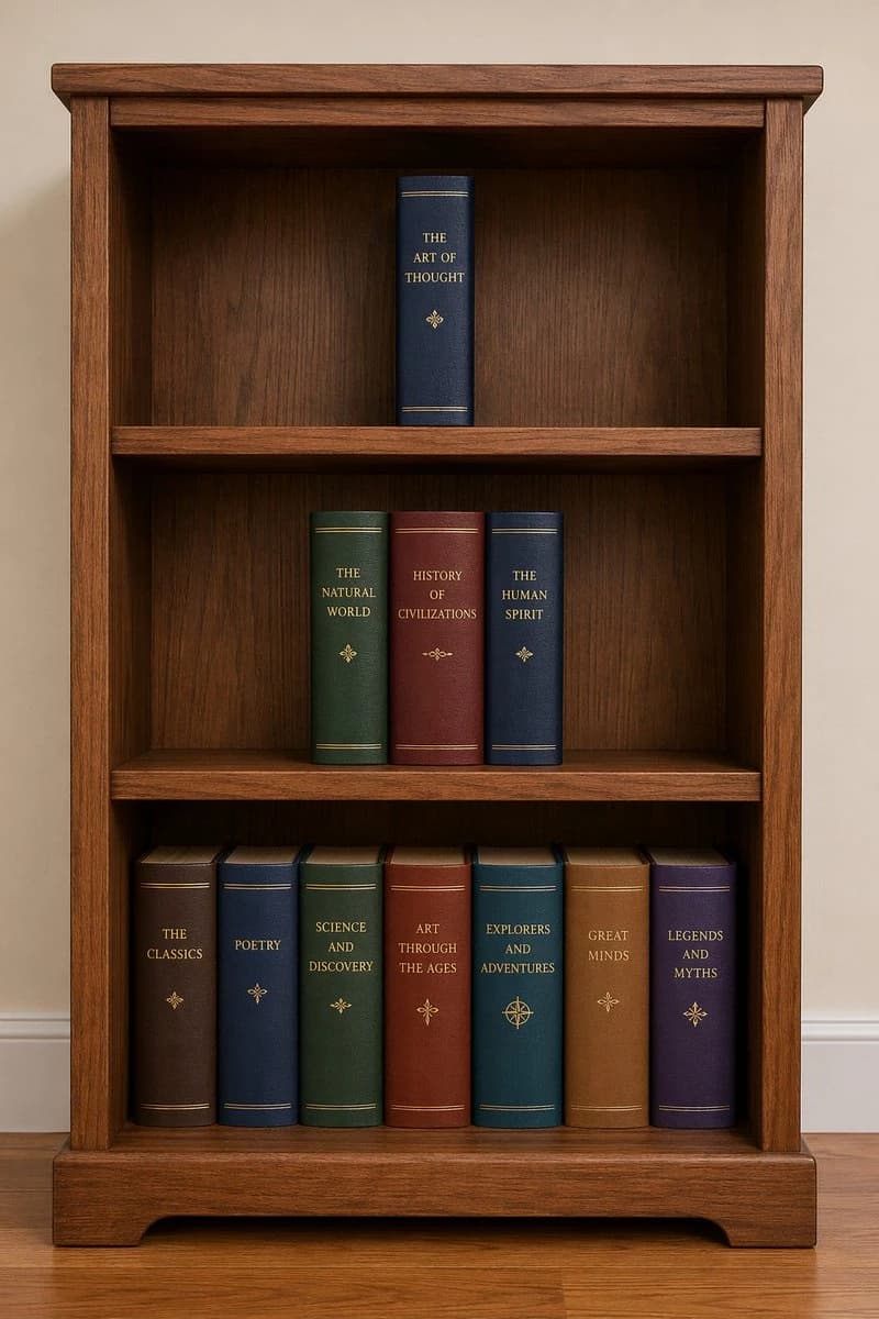 A wooden bookshelf with three shelves displays one book on the top, four on the middle, and seven on the bottom.