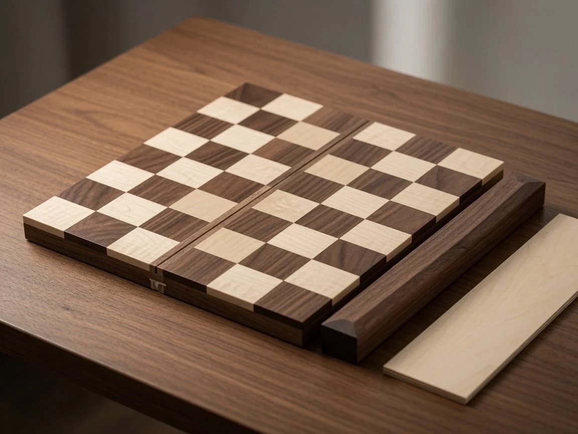 Compact wooden travel chessboard with neatly arranged pieces on a warm tabletop