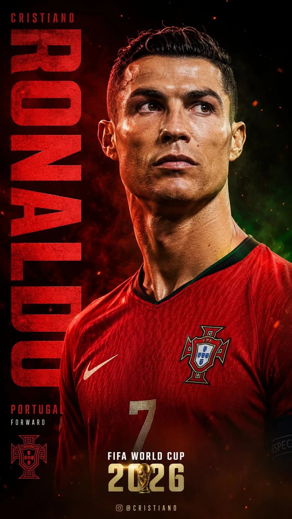 Dramatic red football hero poster with a chest-up player portrait, vertical name typography, and World Cup 2026 styling