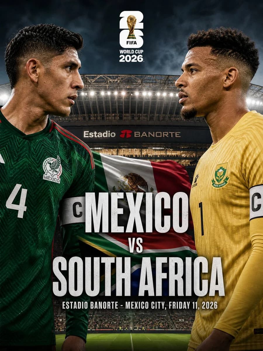 Photorealistic World Cup 2026 match poster with two football captains facing off over national flags and stadium details