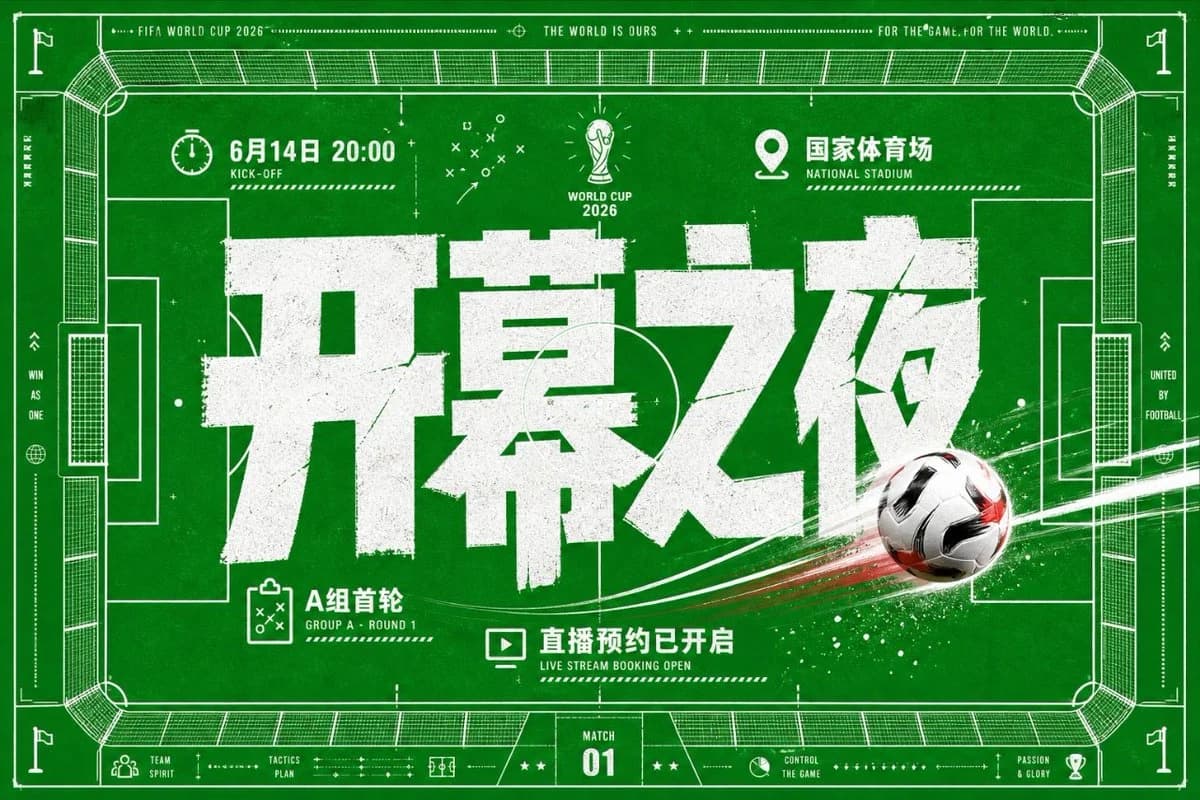 World Cup Opening Night Poster with tactical football blueprint, Chinese headline and FIFA World Cup 2026 match energy