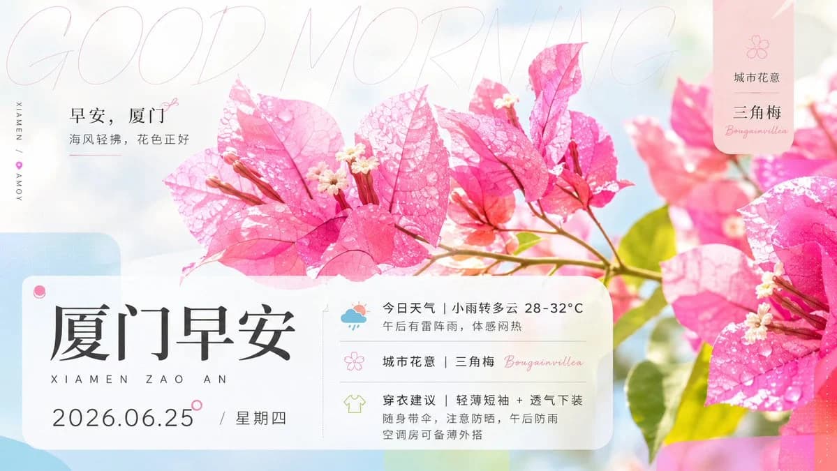 Xiamen Bougainvillea Morning Poster with scroll-ready composition, strong focal subject, and polished social post styling