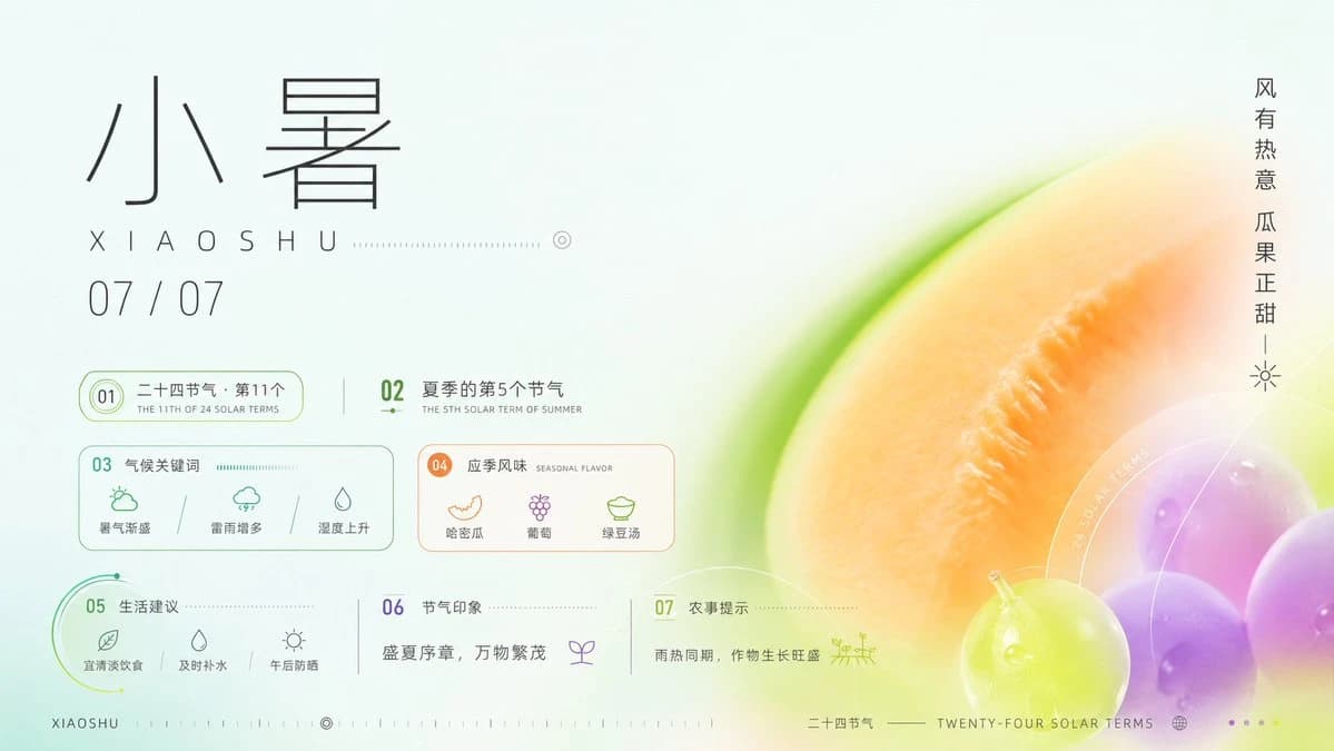 Xiaoshu solar-term infographic poster with pastel fruit colors, calendar notes and a clean Chinese layout