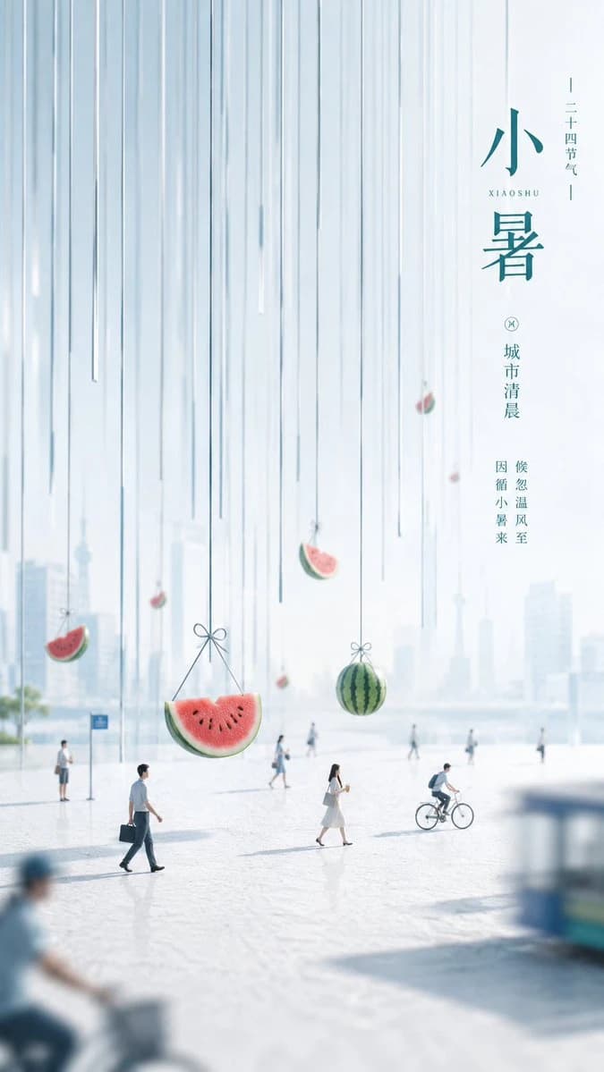 Vertical Xiaoshu watermelon city poster with miniature urban storytelling, Chinese seasonal mood, and fresh summer colors.