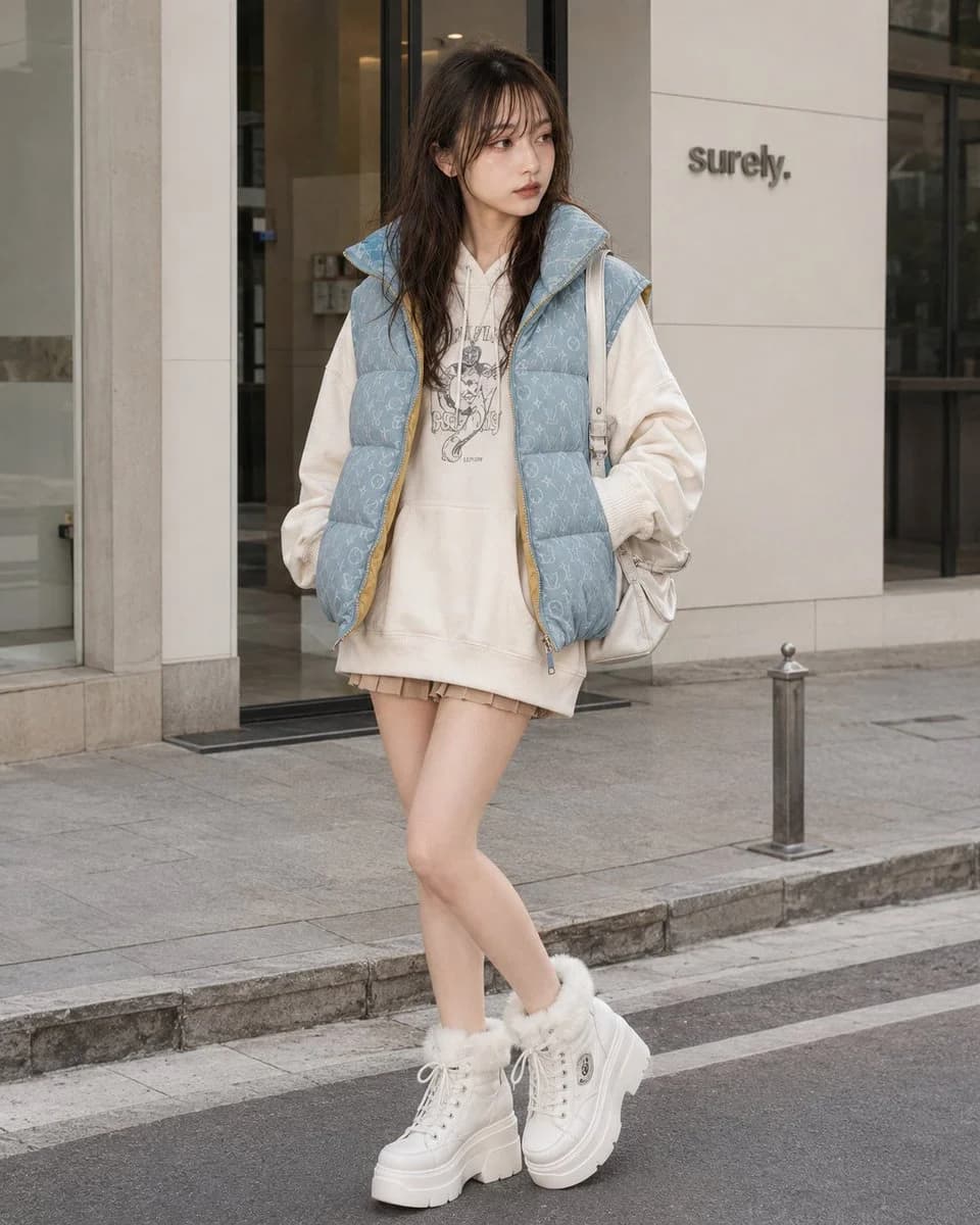 Y2K casual streetwear look with an oversized hoodie, puffer vest, and platform boots