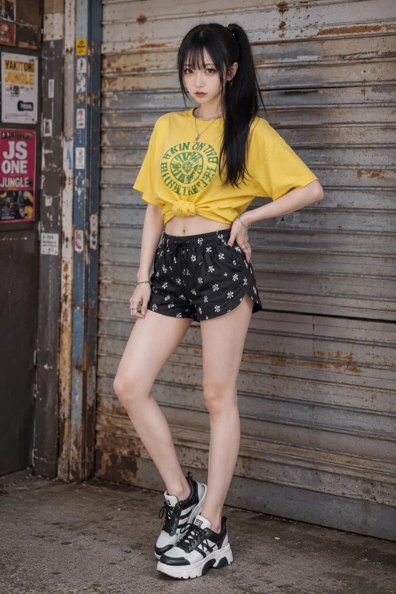 Casual Y2K summer streetwear look photographed in a bright city setting