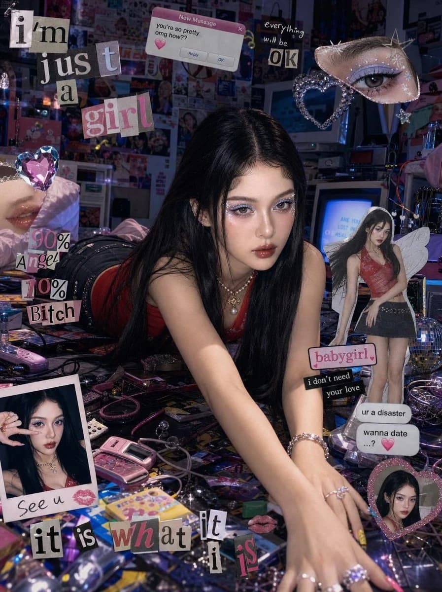 A girl with long black hair leans dramatically across a cluttered desk in a chaotic Y2K cyber-pop room, surrounded by colorful props and magazine cutouts