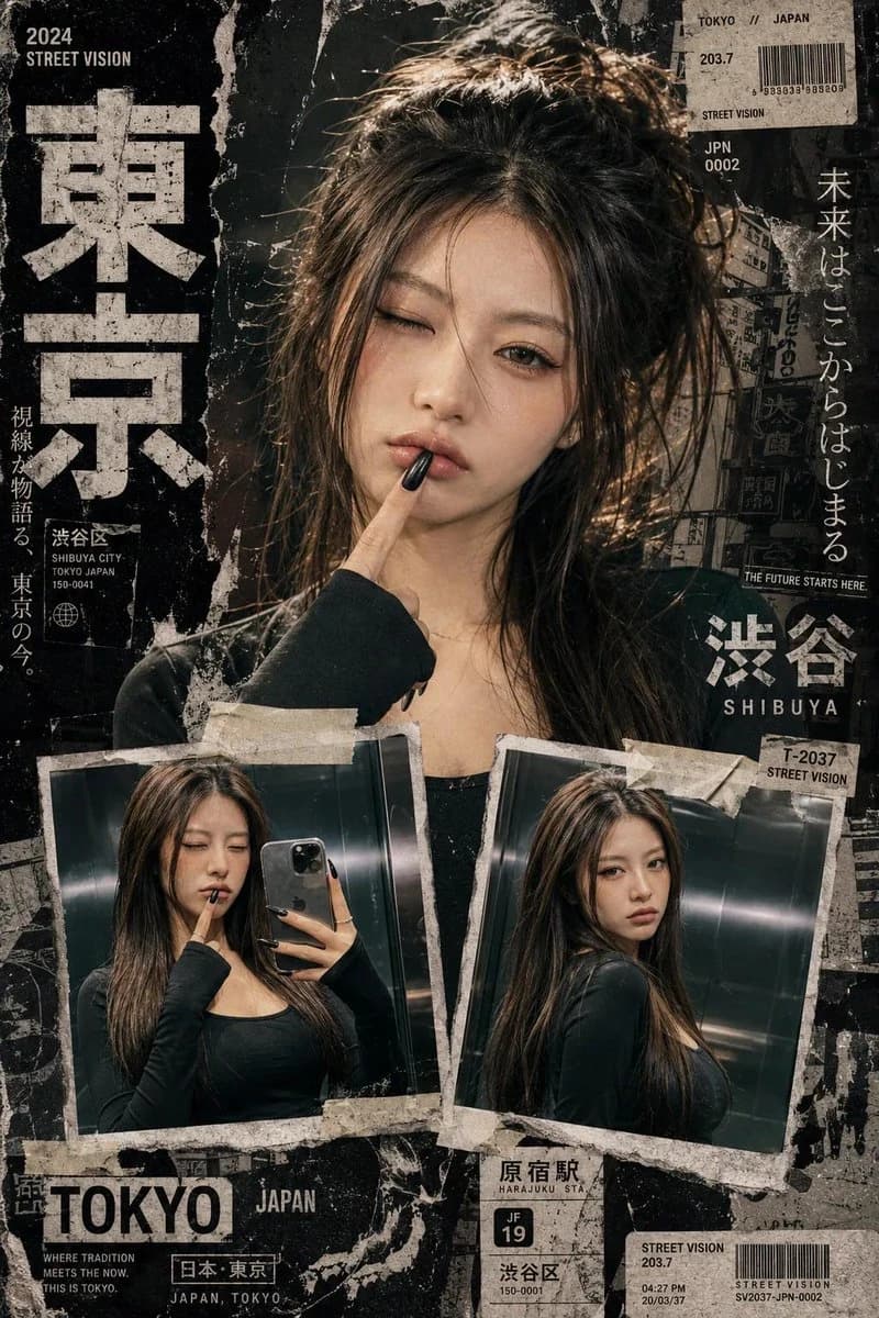 A young woman poses with a finger on her lips, surrounded by a collage of urban Tokyo elements and distressed textures in a Y2K style