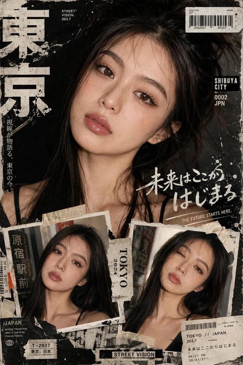 A young woman with long dark hair poses against a textured black background, featuring torn magazine cutouts and Japanese text in a Y2K street editorial style