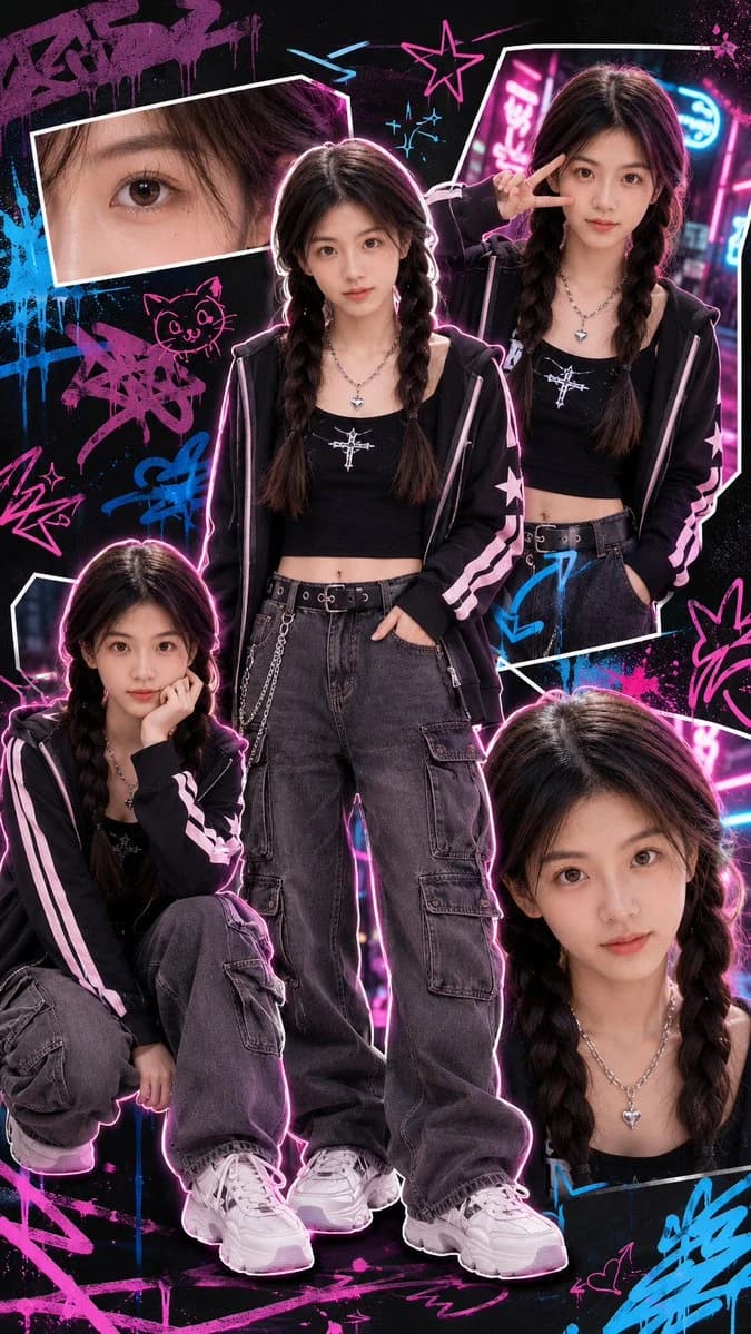 A collage of a person in Y2K streetwear with neon graffiti and a black grunge background.