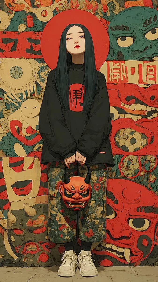 Yokai Streetwear Identity Portrait with stylized character detail, expressive pose, and clean illustration framing