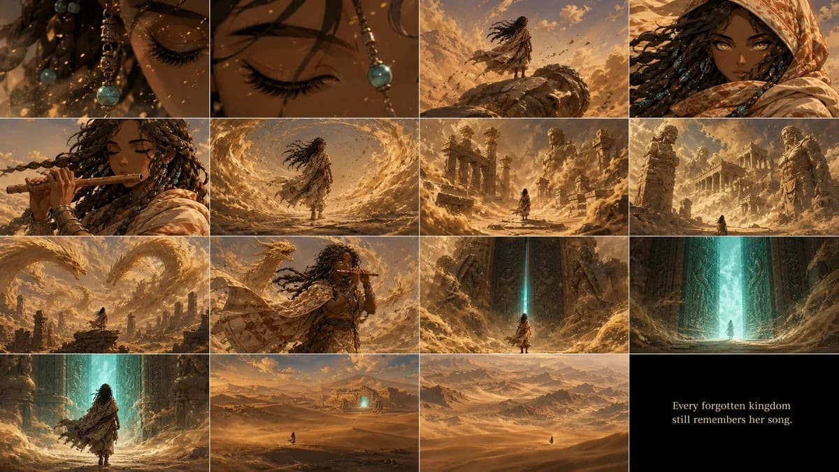 Zareya desert kingdom storyboard with character panels, warm sand palette, and cinematic fantasy scene progression