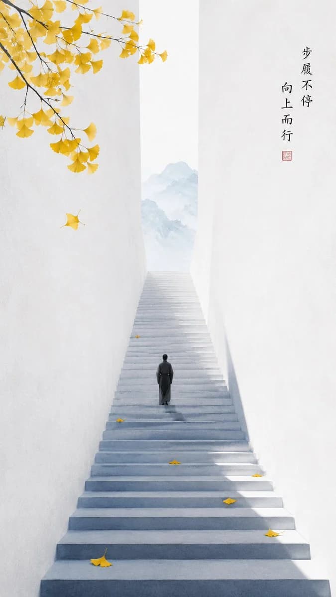 Zen minimalist poster of a figure climbing blue stairs beneath yellow ginkgo leaves