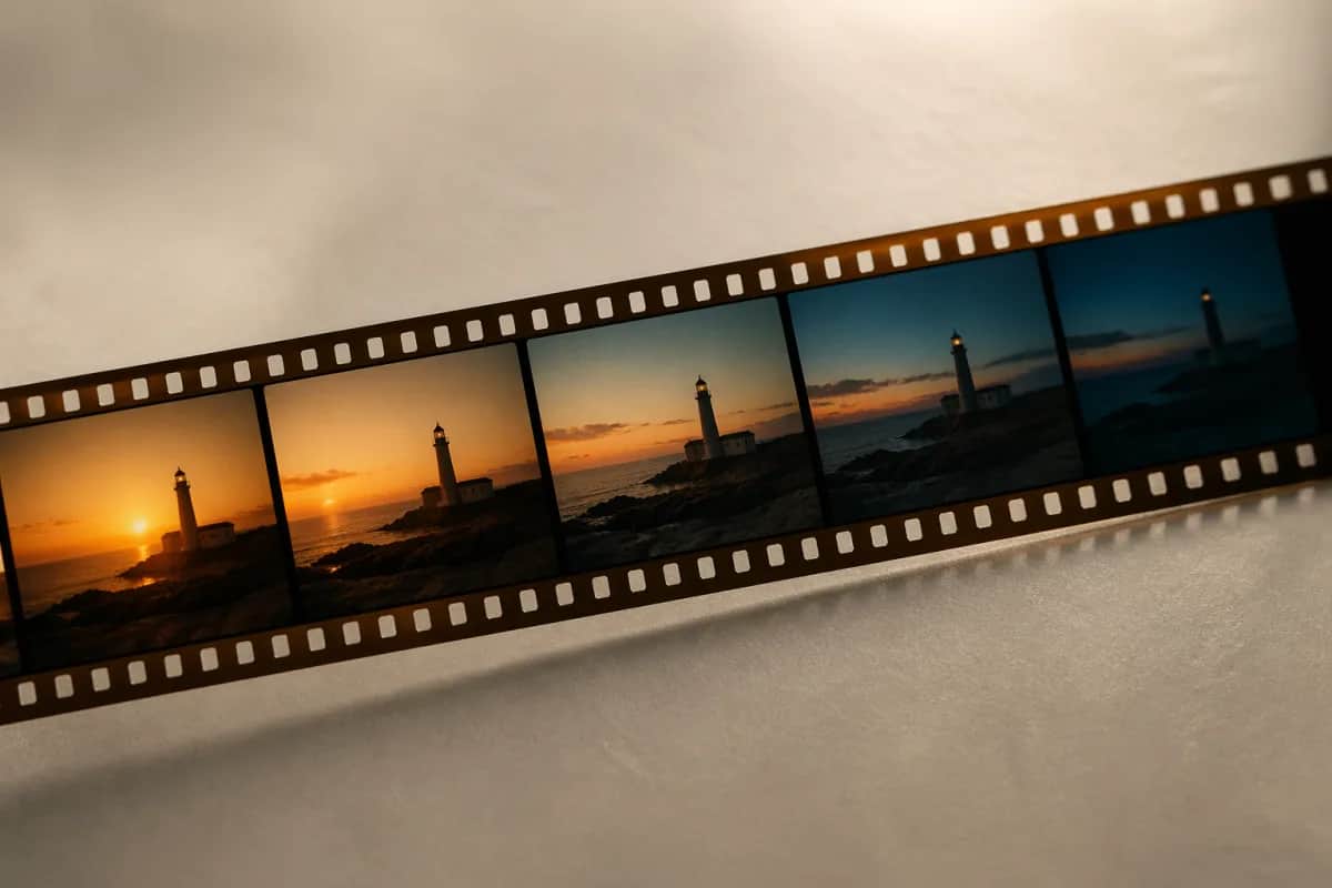 Cinematic 35mm film strip showing video frames generated by Image 2