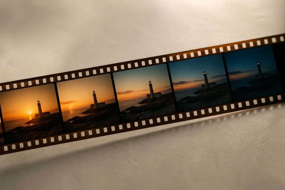 Cinematic 35mm film strip showing video frames generated by Image 2