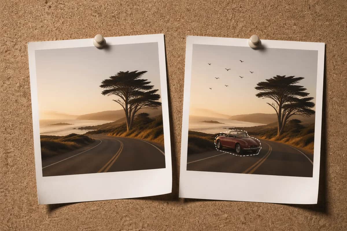 Before-and-after polaroid pair showing a masked edit by Image 2