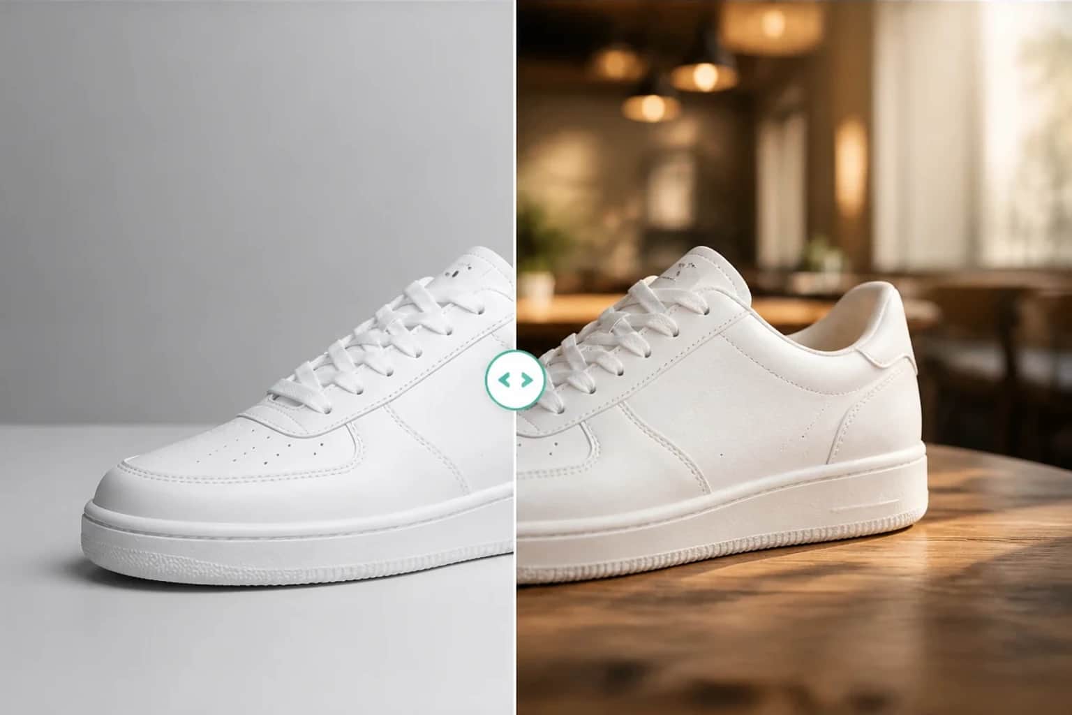 White sneaker shown before and after a background change
