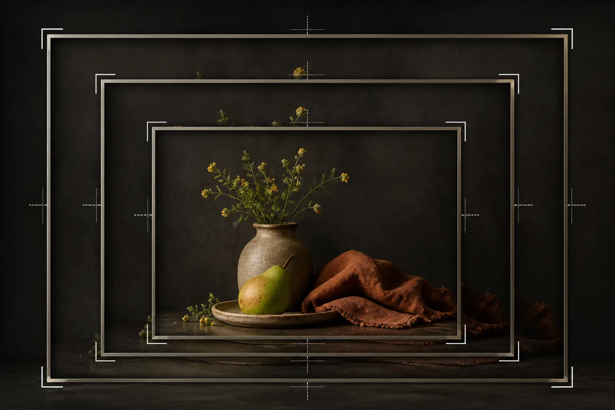 Nested picture frames showing the same still life at progressively smaller dimensions