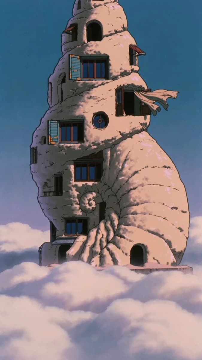 Vista previa del prompt de video Seedance 2.0: Animación de torre con forma de concha al estilo anime retro de los 90