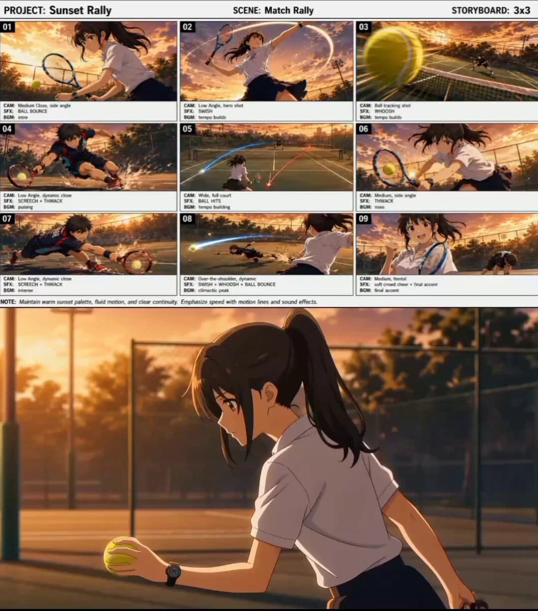 Vorschau zum Seedance 2.0 Video-Prompt: Filmreifes Anime-Tennis-Match