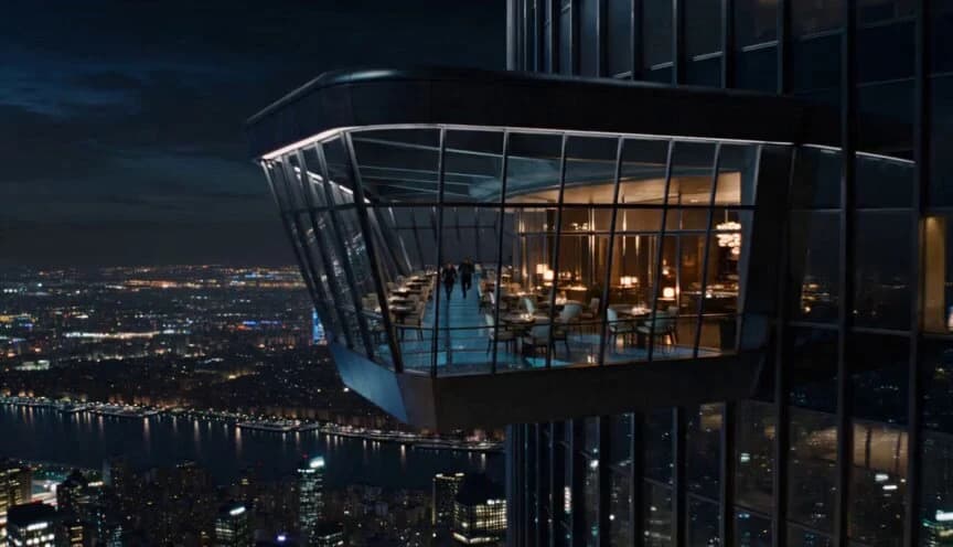 Vista previa del prompt de video Seedance 2.0: Escape del restaurante con pasarela de cristal en un rascacielos