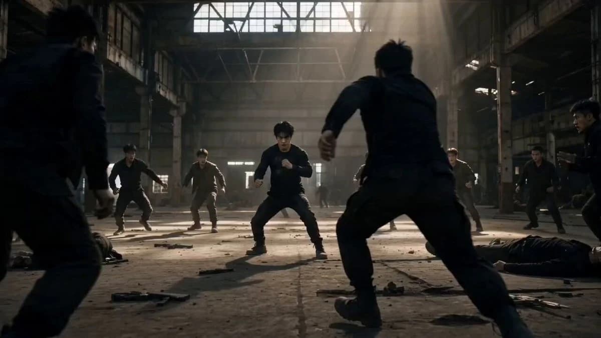 Vista previa del prompt de video Seedance 2.0: Secuencia de combate en almacén de artes marciales