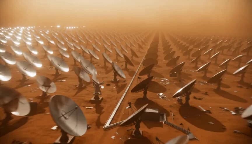 Vista previa del prompt de video Seedance 2.0: Secuencia de persecución en granja solar del desierto