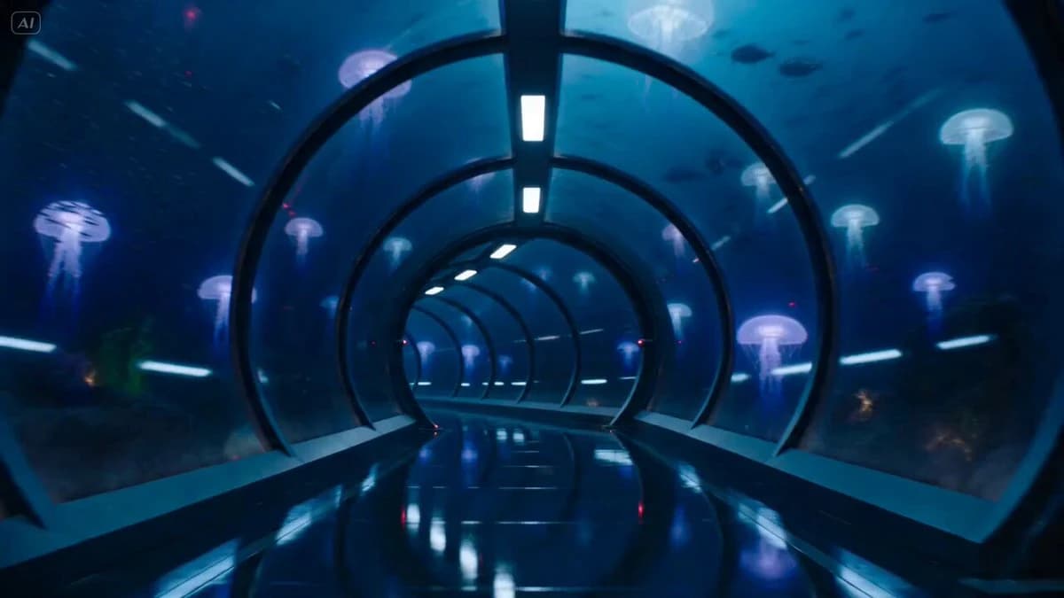 Vista previa del prompt de video Seedance 2.0: Secuencia de acción en túnel de cristal submarino