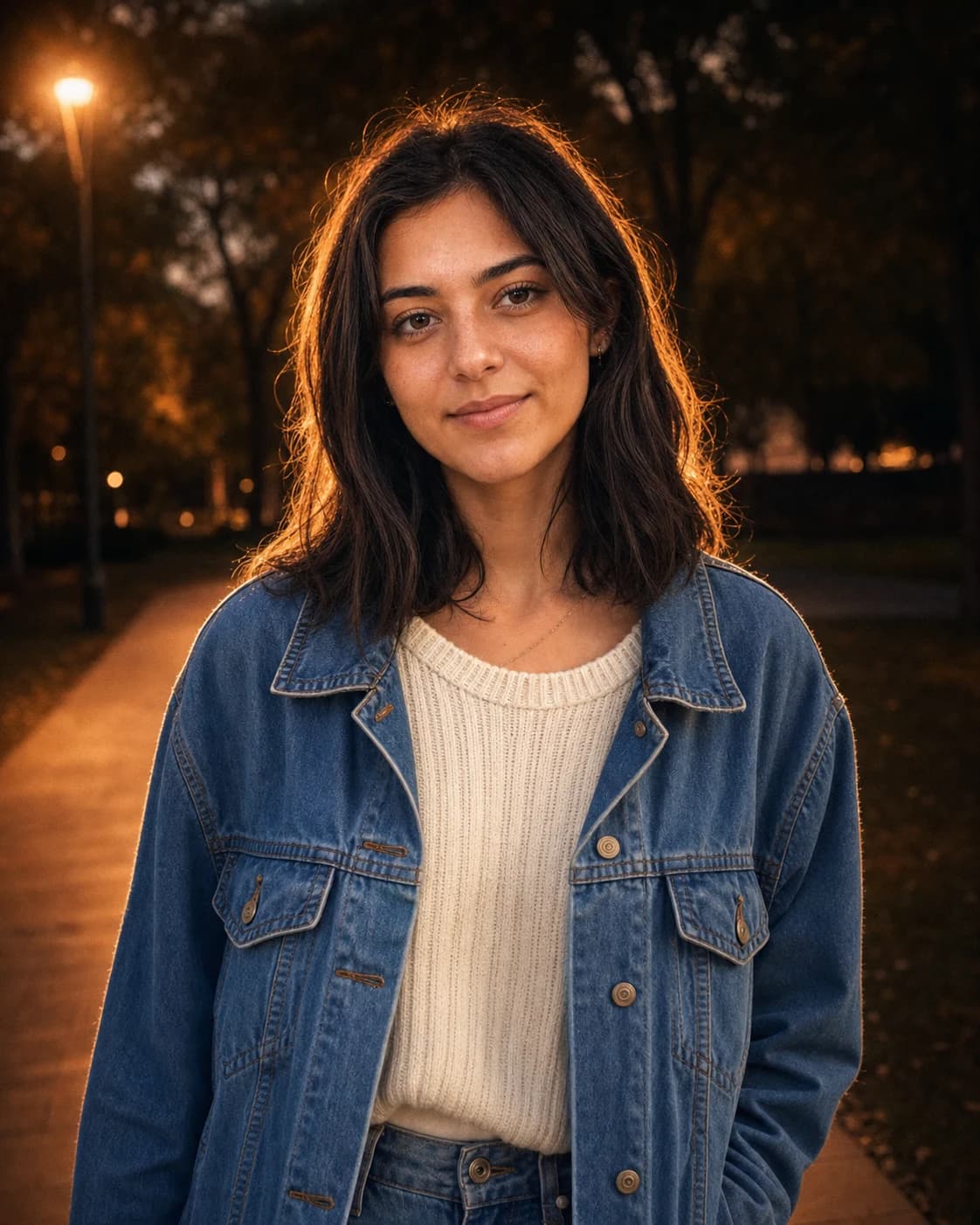 Lofi Dusk Filter portrait — moody dusk background, warm rim light, direct flash, film grain — generated with Image 2